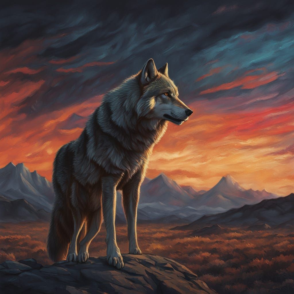 Hyperrealistic Wolf in a Nighttime Splendor, Gouache Waterco...