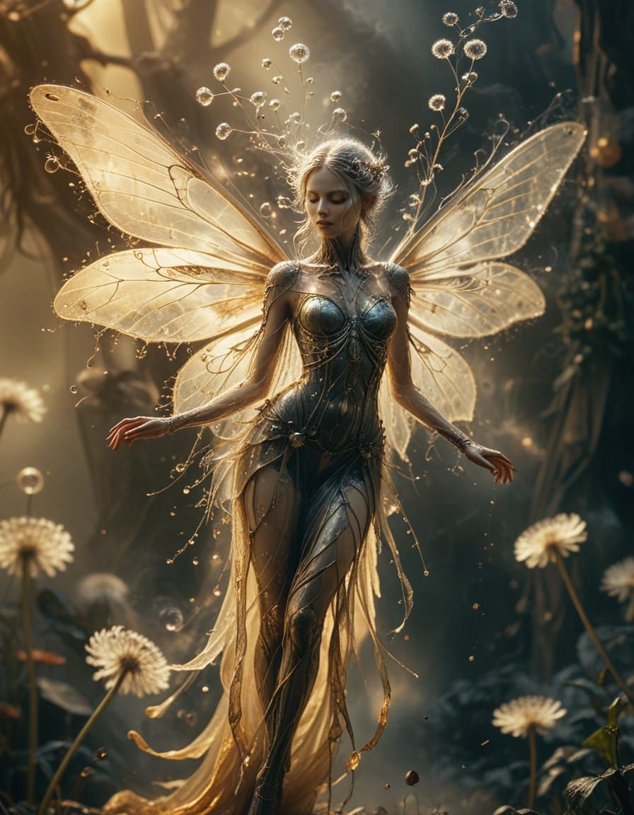 Translucent Fairy Embracing Dandelion in Dreamlike Smoke Art
