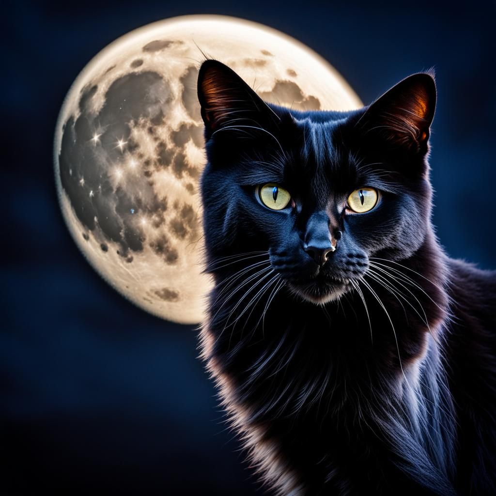 Moonlit Black Cat Portrait in Photo Realistic Style