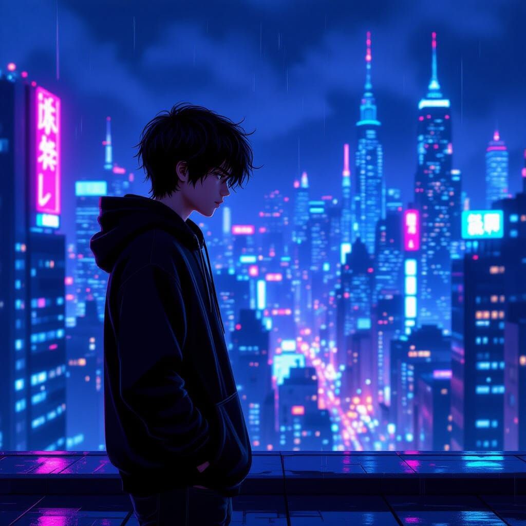 Handsome Teen in Cyberpunk City at Night