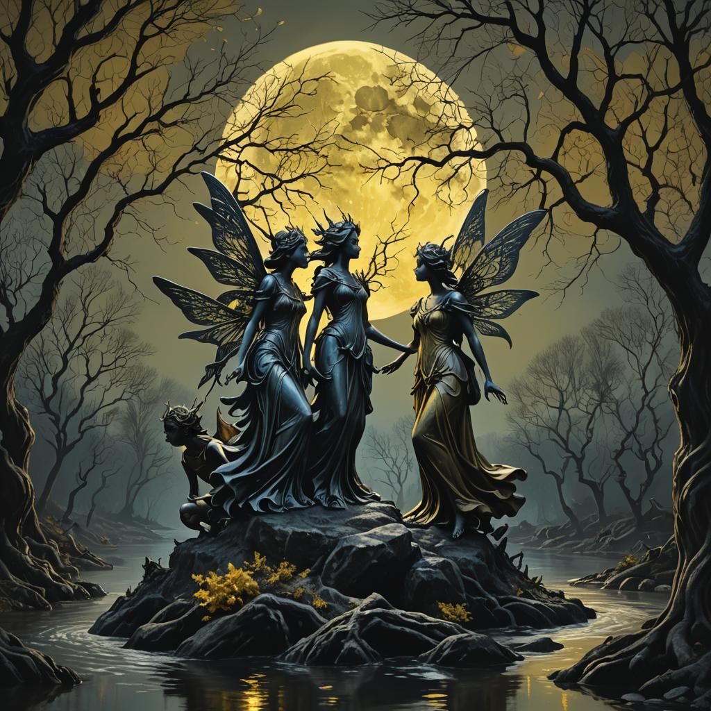 Eerie Moonlight Fairies Statue by Dark Trees