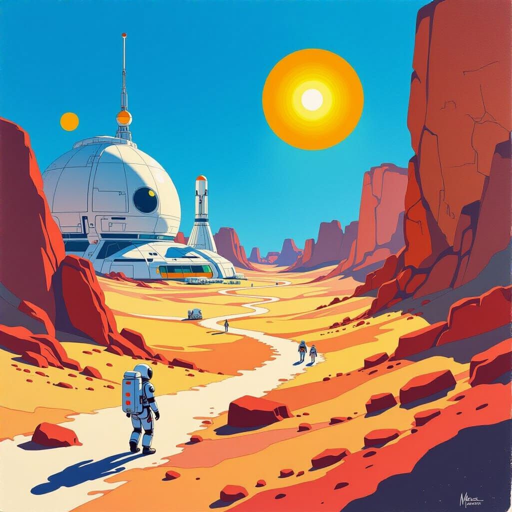 Bright Mars Colony in Afternoon Daylight, Gouache Watercolor...