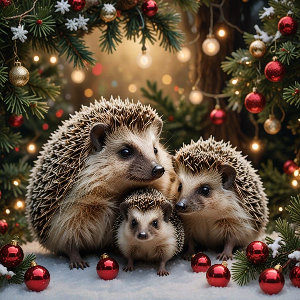 Christmas Hedgehog Family in Whimsical Snowy Wonderland