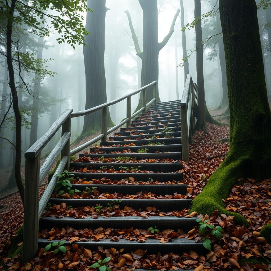 Misty Forest Staircase to Leafy Platform