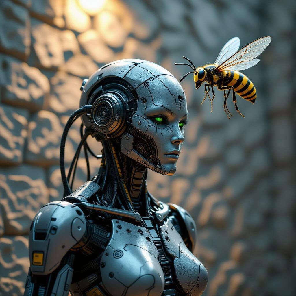 Cybernetic Humanoid in Moody Industrial Cyberpunk Scene