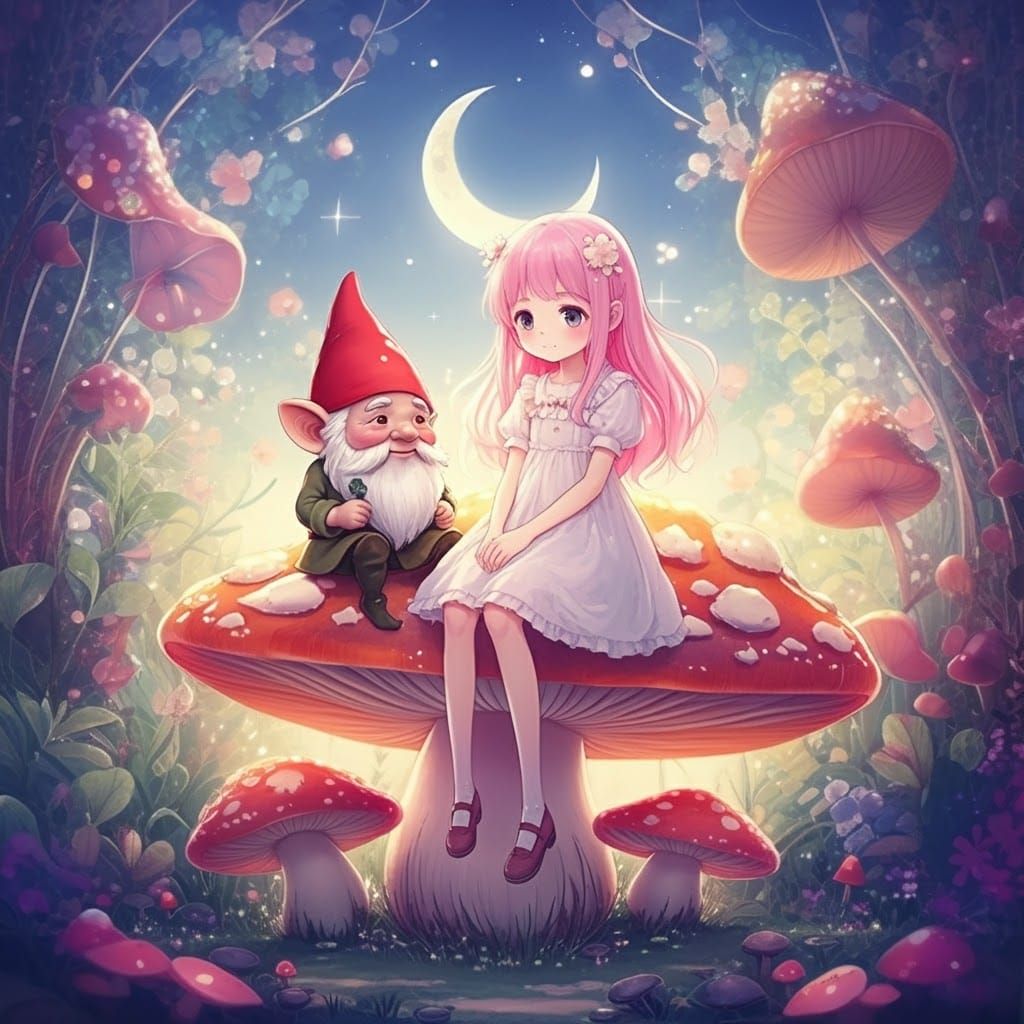 Anime cute girl. mushroom gnome sitting. on a mushroom under a crescent moon, Doodle Addicts, cel-shaded, pixiv, triadic...