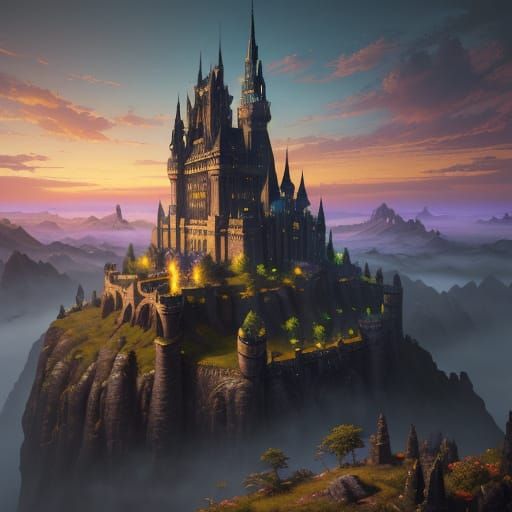 Epic Castle with Dragon in Sunset Glory