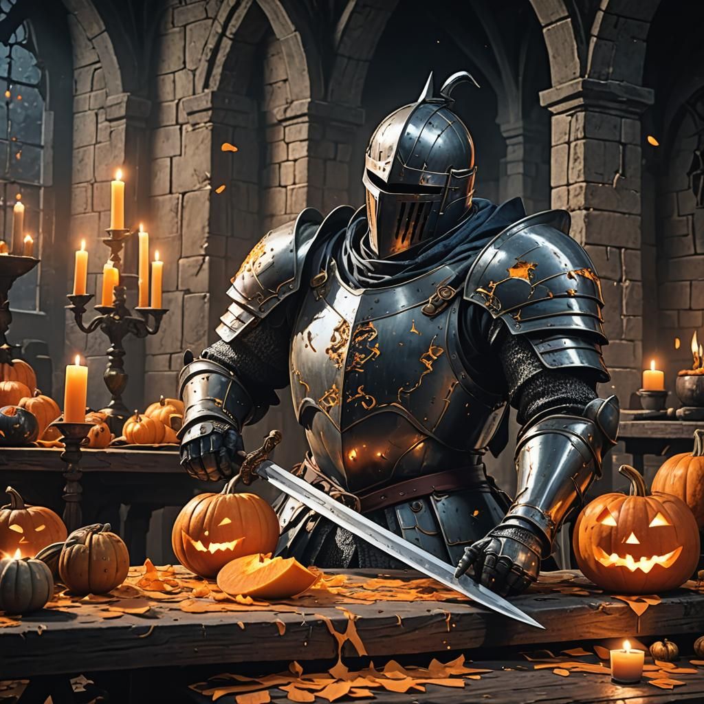 Cinematic Manga Knight Slices Pumpkin in Dark Castle