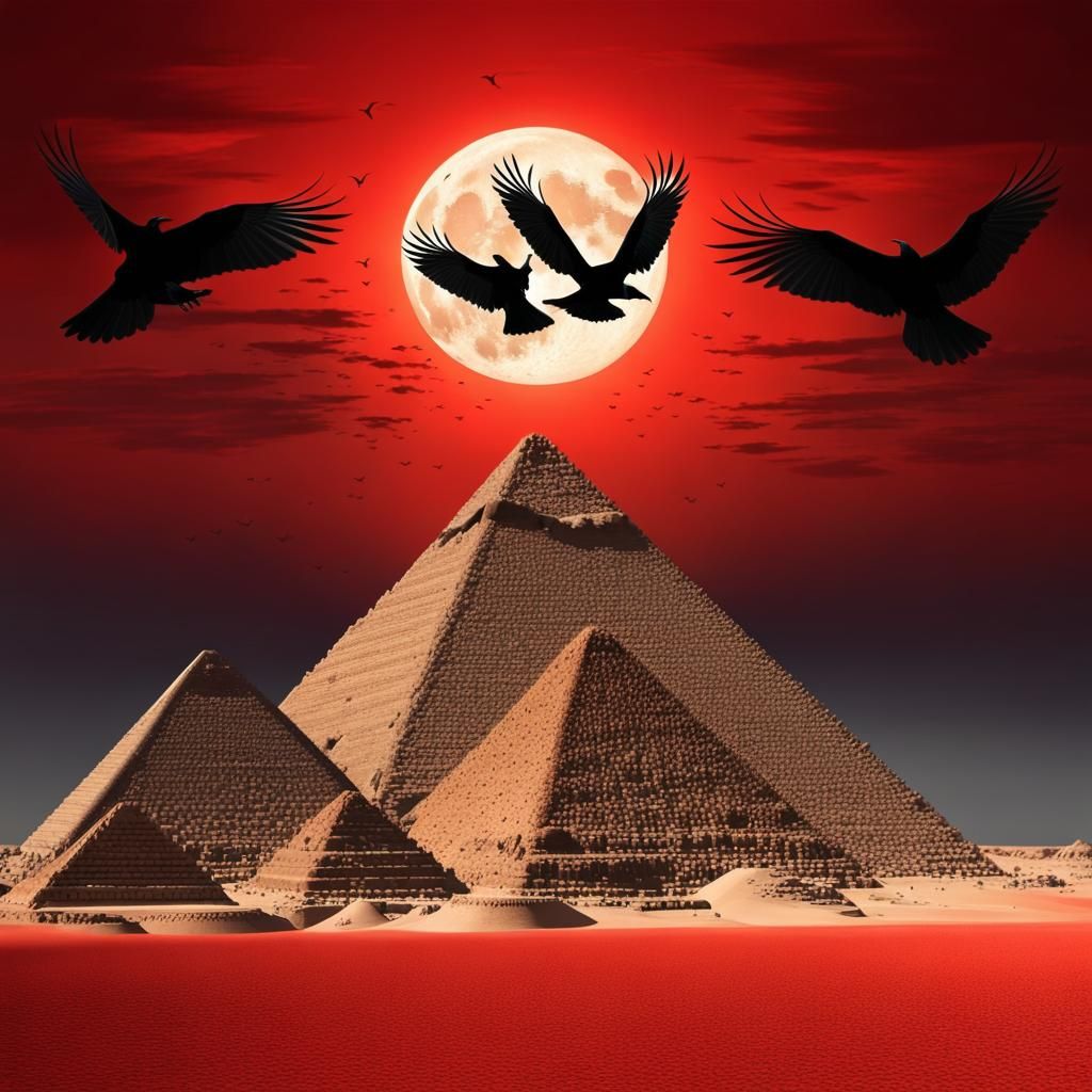 Ravens in Red Desert Sky with Pyramids of Giza