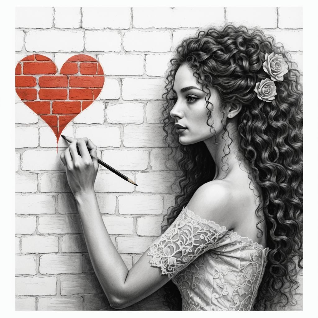 A woman draws a red heart on a brick wall.