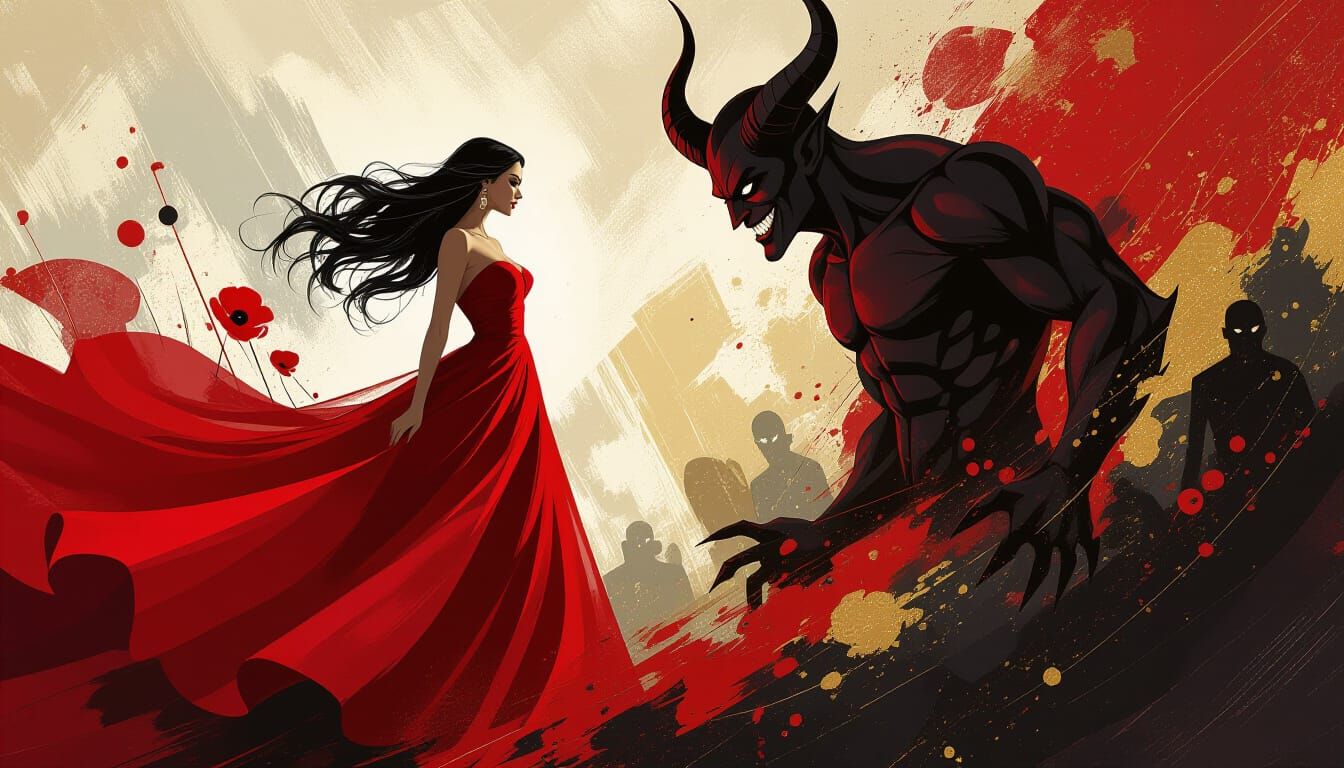 Woman in Red Dress Confronts Devil in Abstract Style