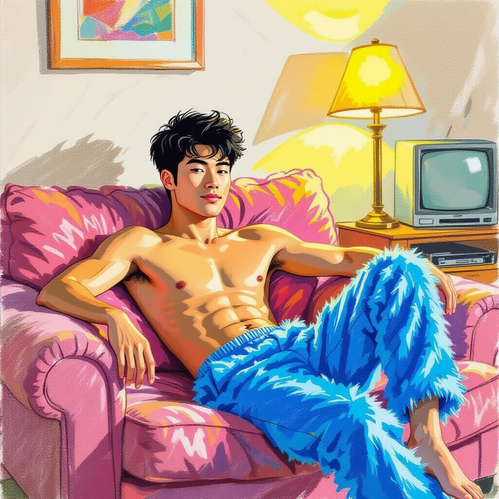 Man Relaxing on Couch in 80s Living Room, Crayon Art