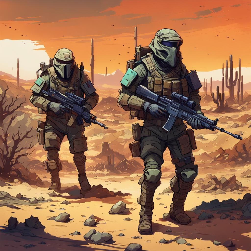 Armored Desert Scouts in Vibrant Cel-Shaded Wasteland