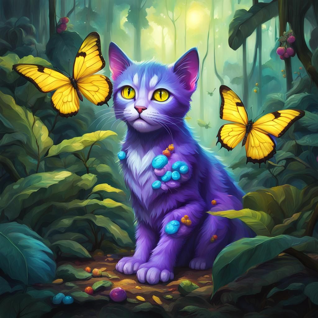 Bioluminescent Butterfly Winged Cat Creature in Jungle