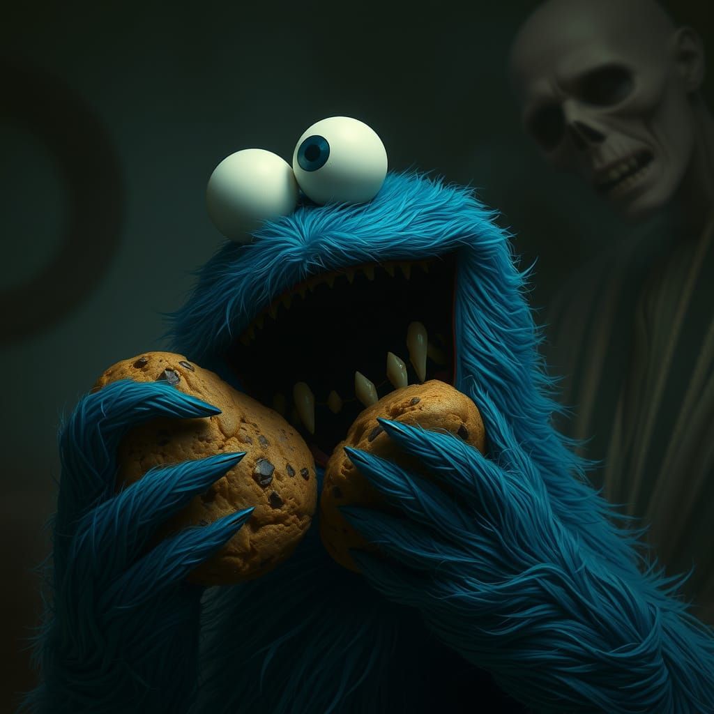 Dark Fantasy Cookie Monster Devouring Cookies