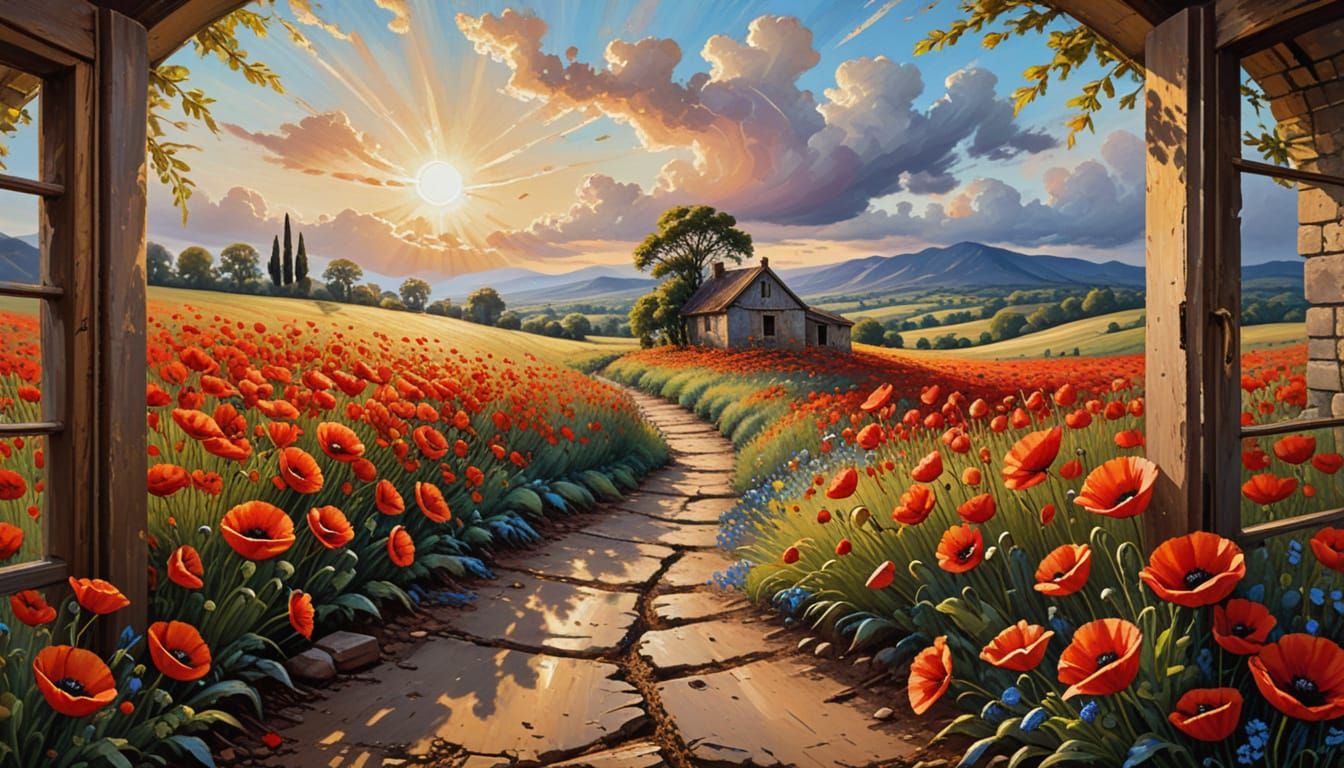 Picturesque Countryside with Red Poppies: Impressionistic Oi...