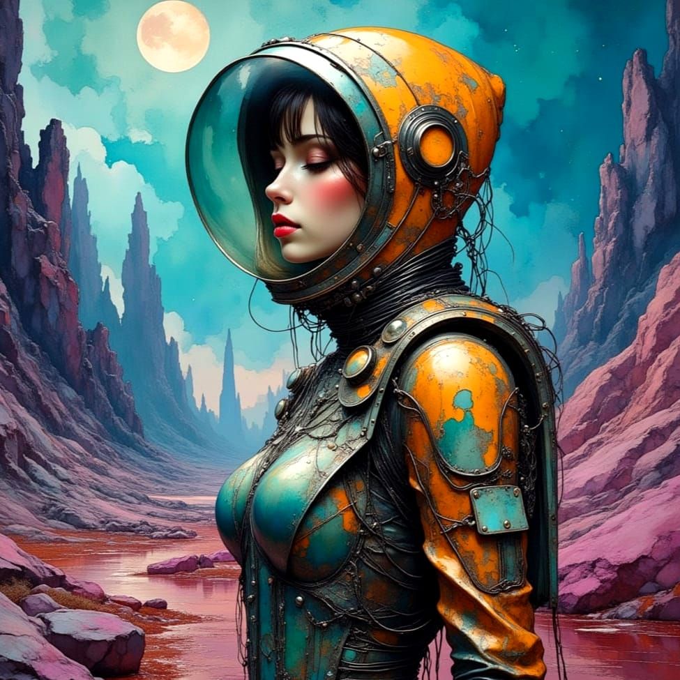 Retro Space Woman in Alien Landscape