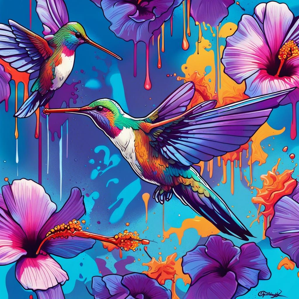 Hummingbird and Hibiscus Graffiti Art