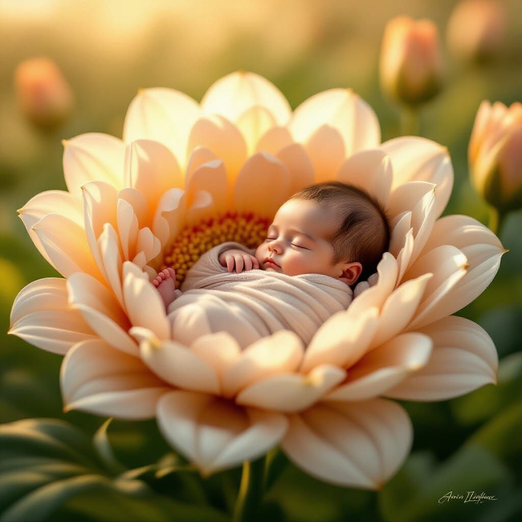 Adorable Baby in Giant Flower, Golden Hour Light