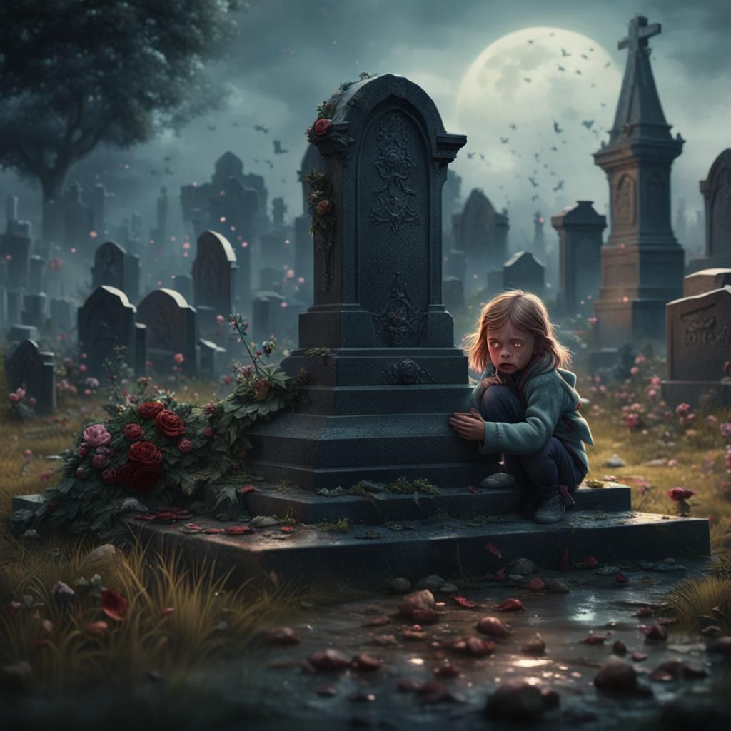 Sad Child at Grave: Detailed Matte Painting