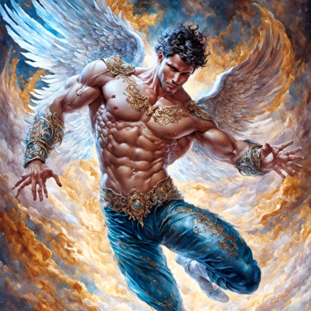 Warrior Angel Emerges from Heaven in Watercolor Style