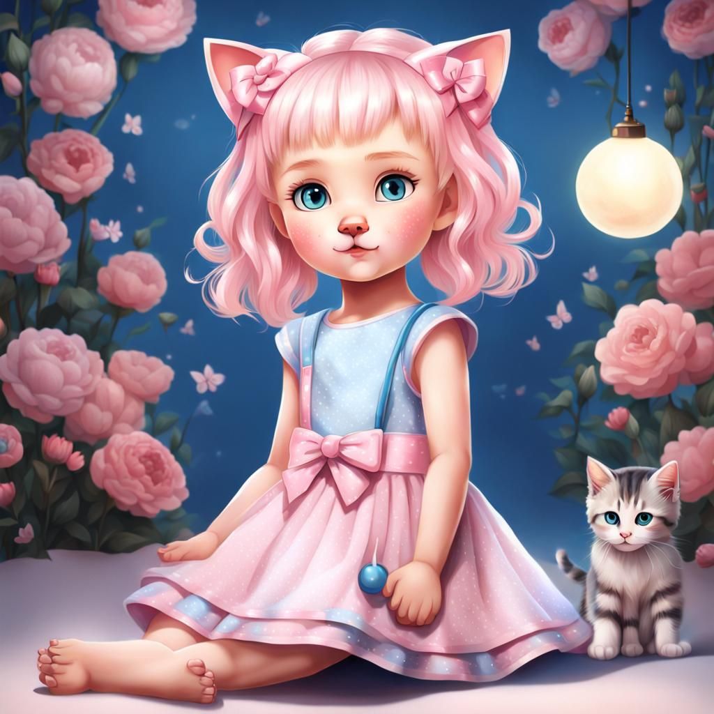 Realistic Girl with Cat Features in Cute Dress