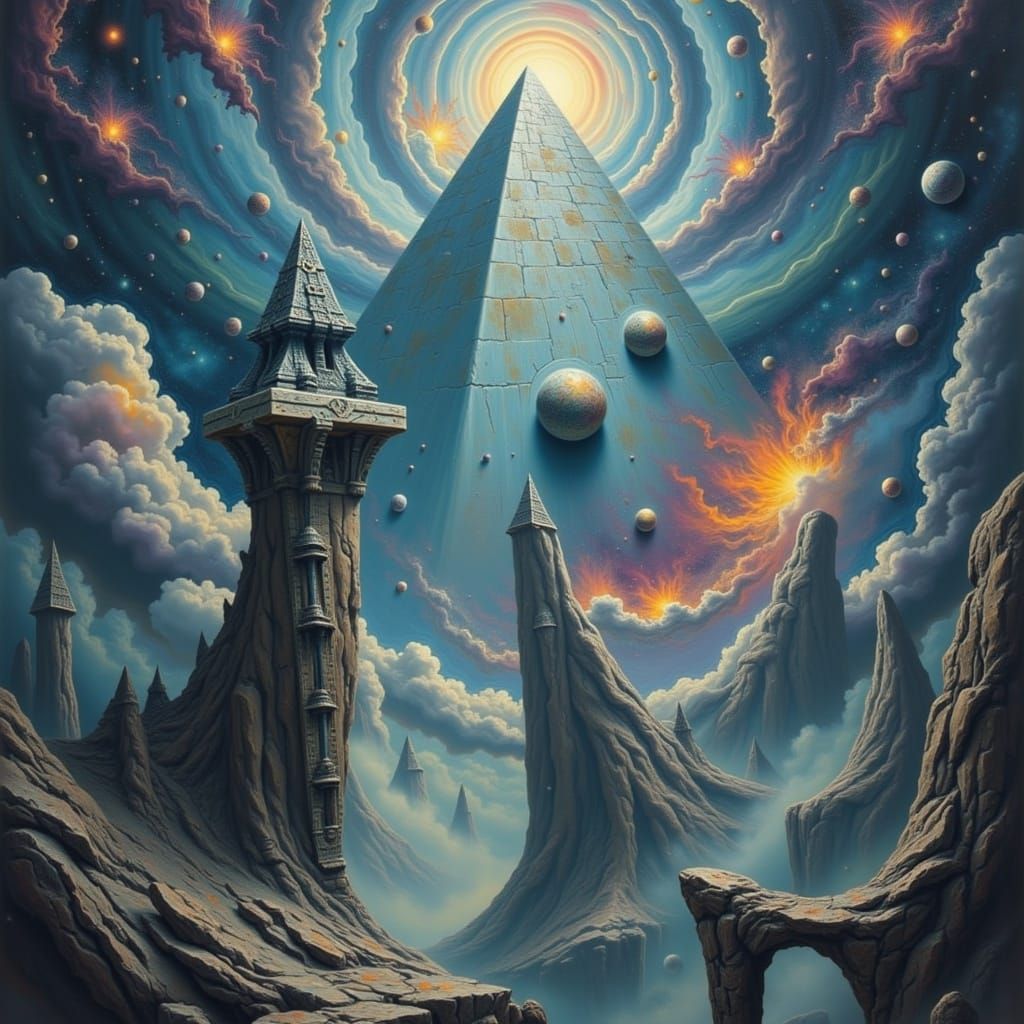 Floating Cosmic Pyramid with Starlight Waterfalls