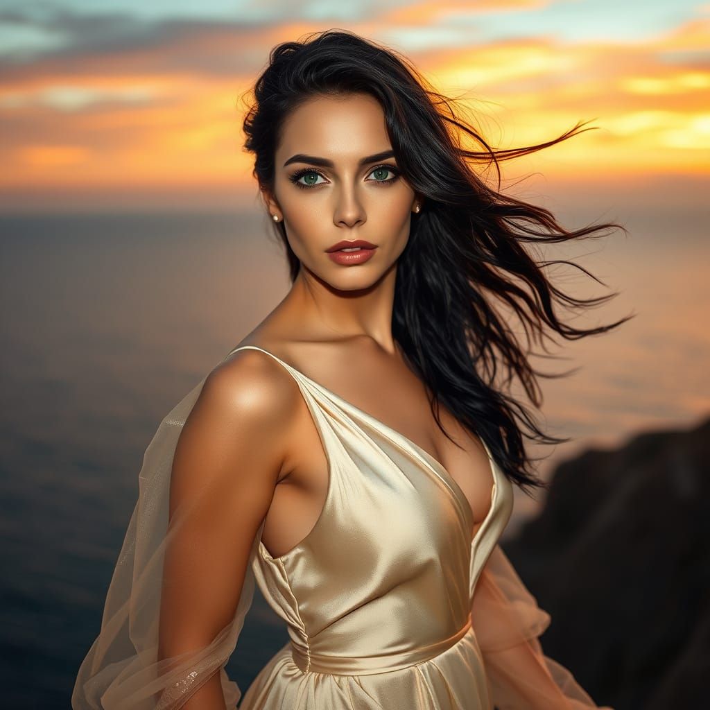 Woman in Silk Gown on Windswept Cliff