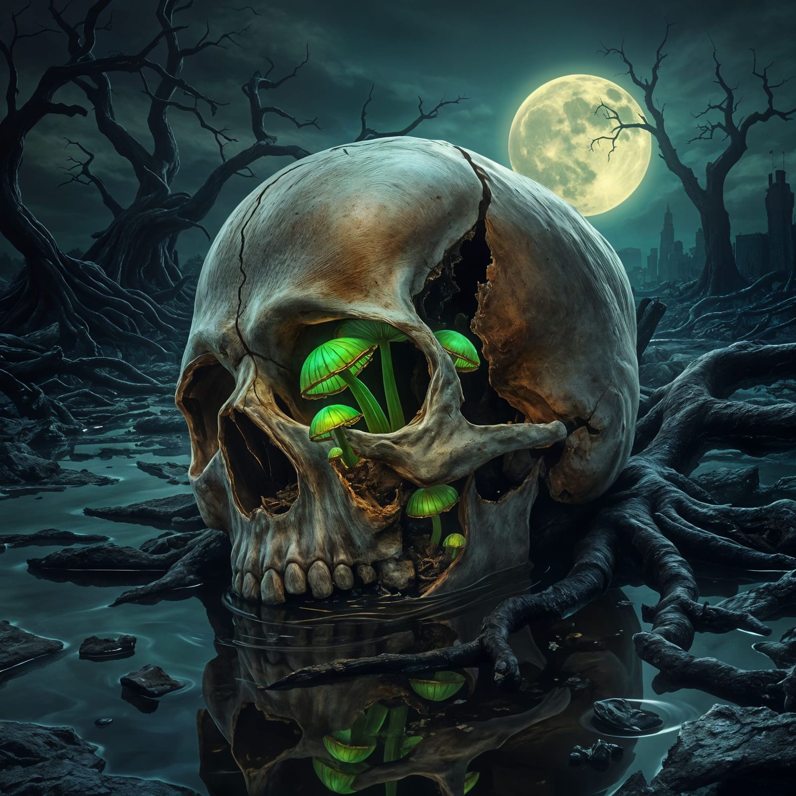 Luminescent Mushrooms Sprout From Skull in Ravaged Landscape