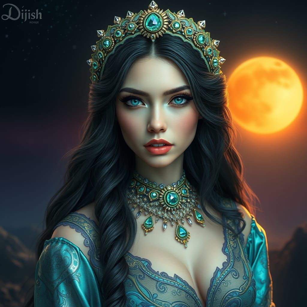 Ethereal Goddess in Iridescent Gown Amidst Starry Night Sky