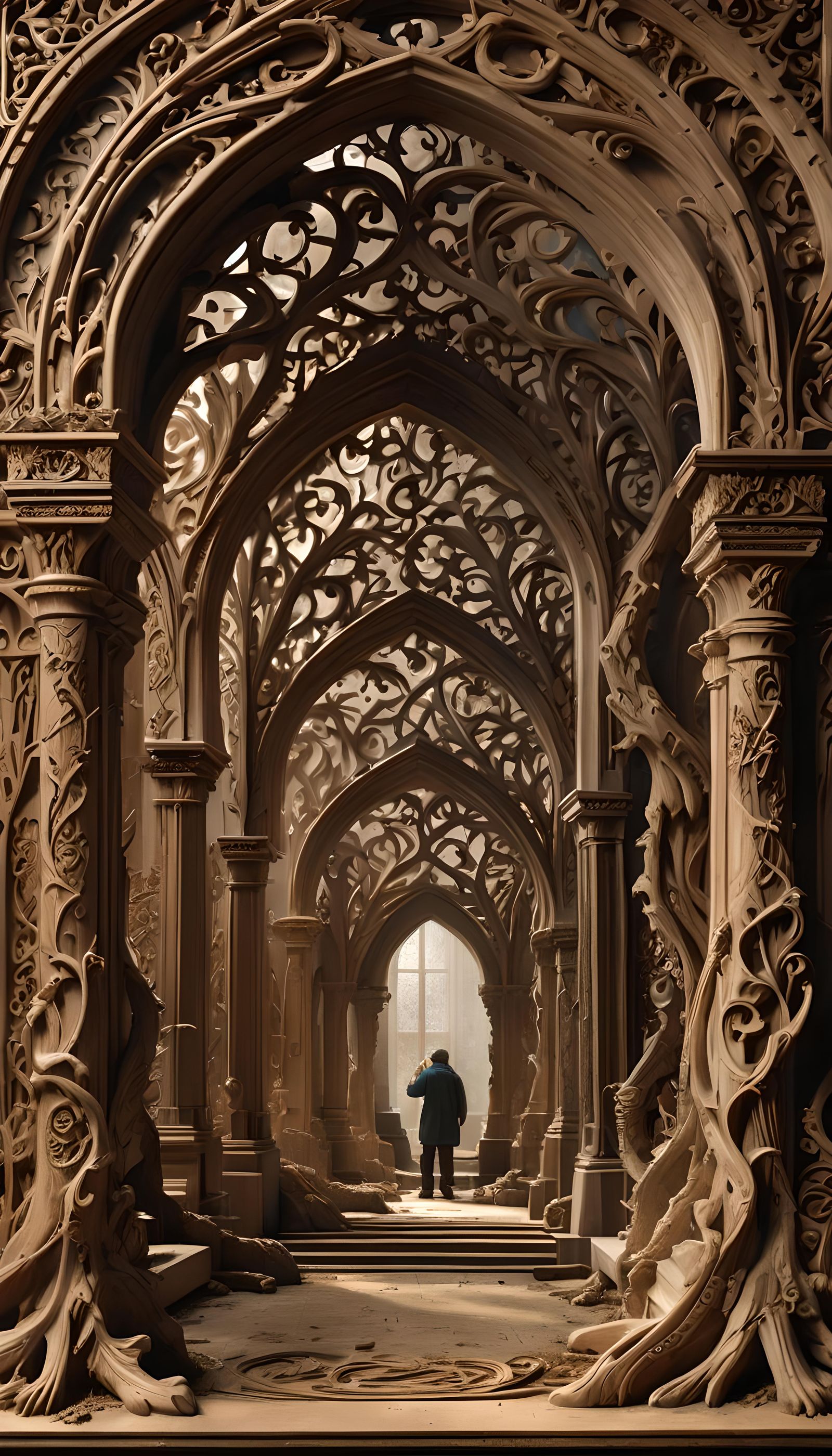 Gothic Archway Carving in a Workshop