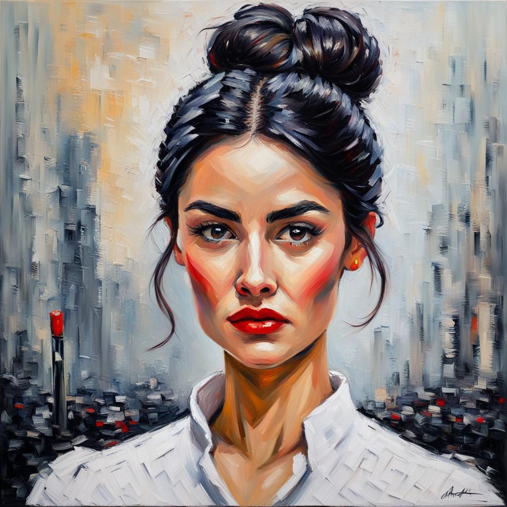 Elegant Woman in Office, Expressionist Oil Painting