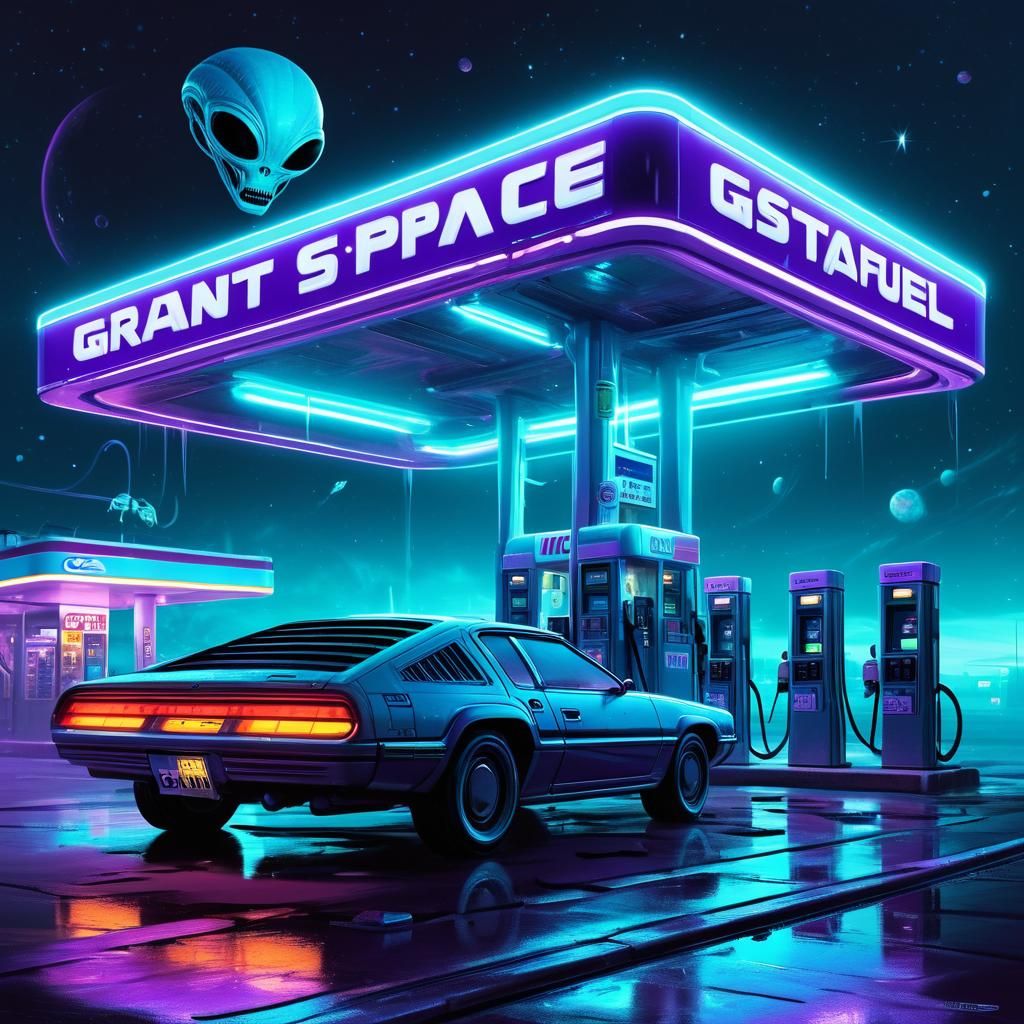 Mystical Alien Gas Station in Cosmic Surrealism Style