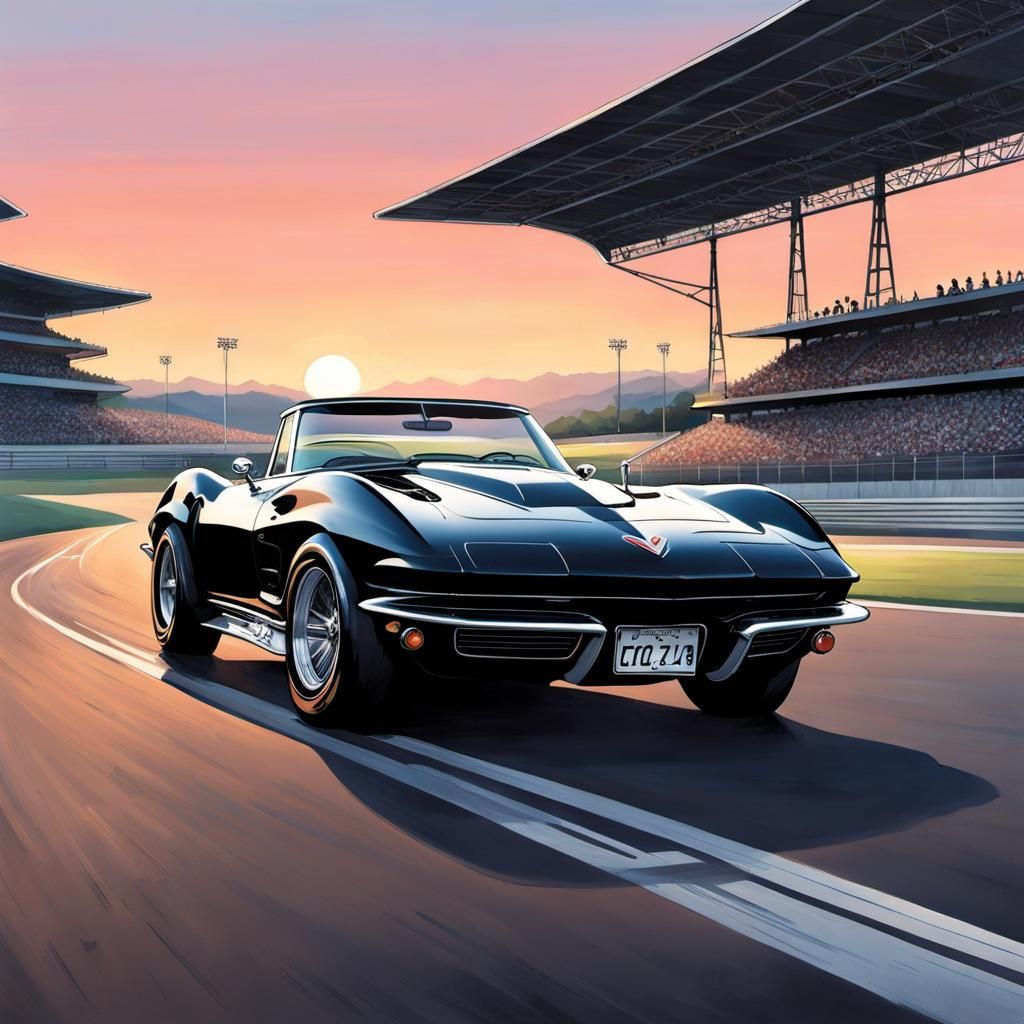 Black Corvette C2 on Suzuka Circuit, Comic Book Art