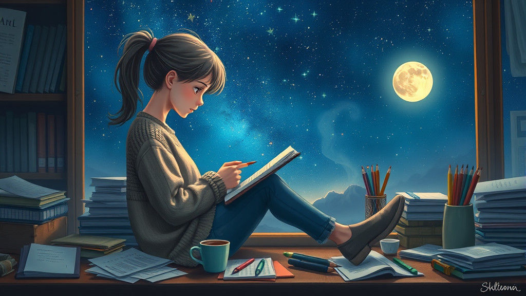 Girl Working at Desk Under Starry Night, Oil Painting