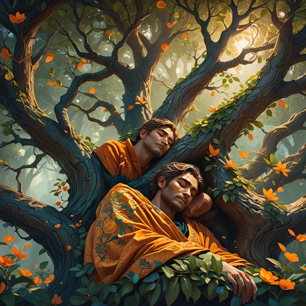 Men Sleeping Peacefully in a Fantasy Tree