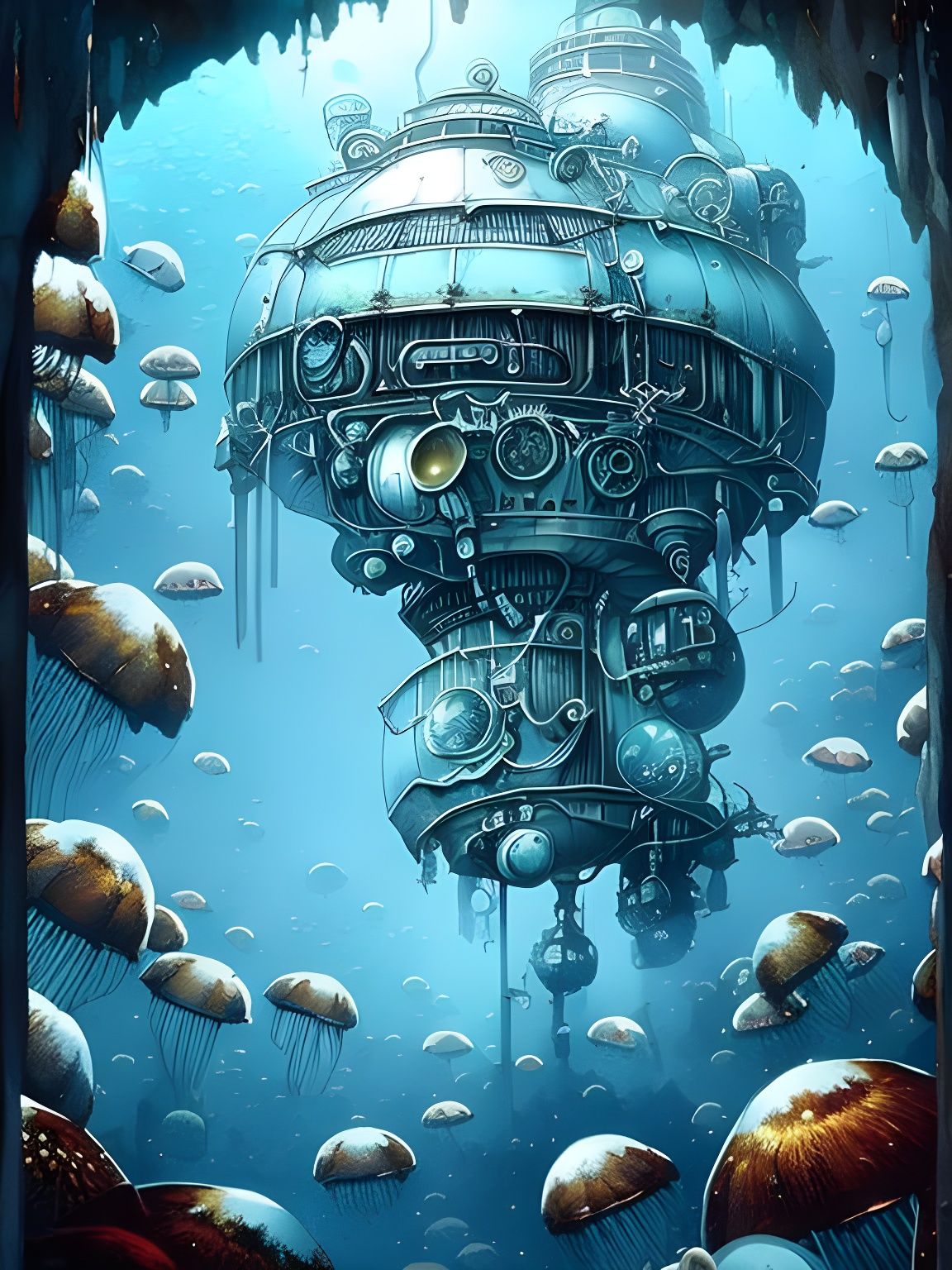 Steampunk Fortress Among Jellyfish Colony: Detailed Matte Pa...