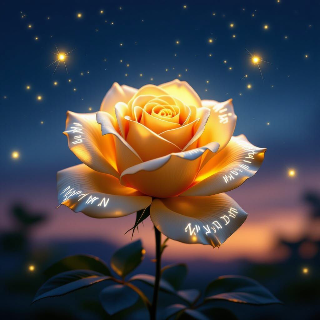 Golden Rose with Runes Under Twilight Sky
