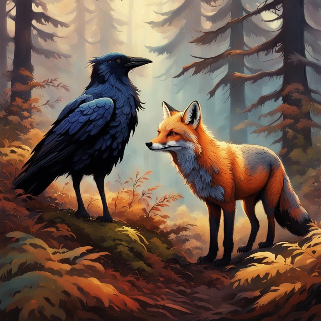 Fox and Raven in Mystical Forest: Splash Art