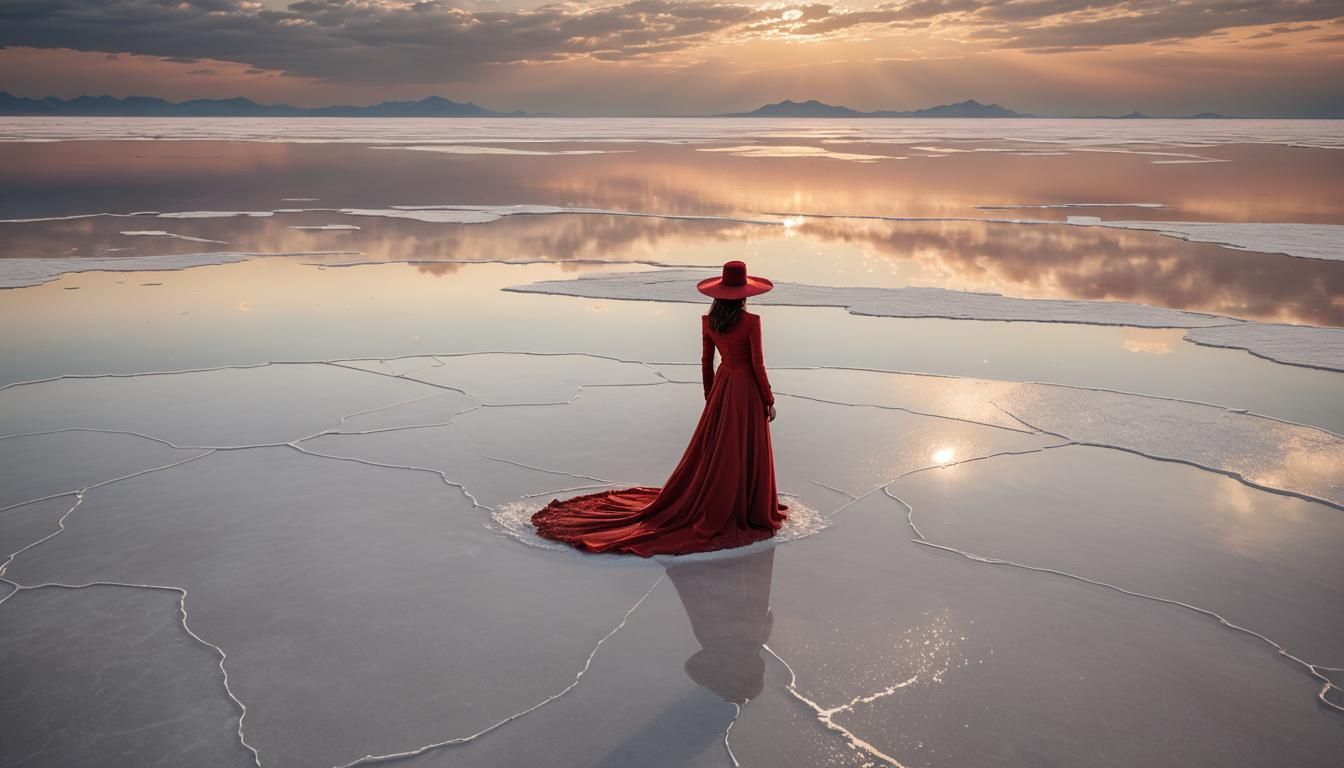 Woman in Red Dress on Salt Flats: Digital Art