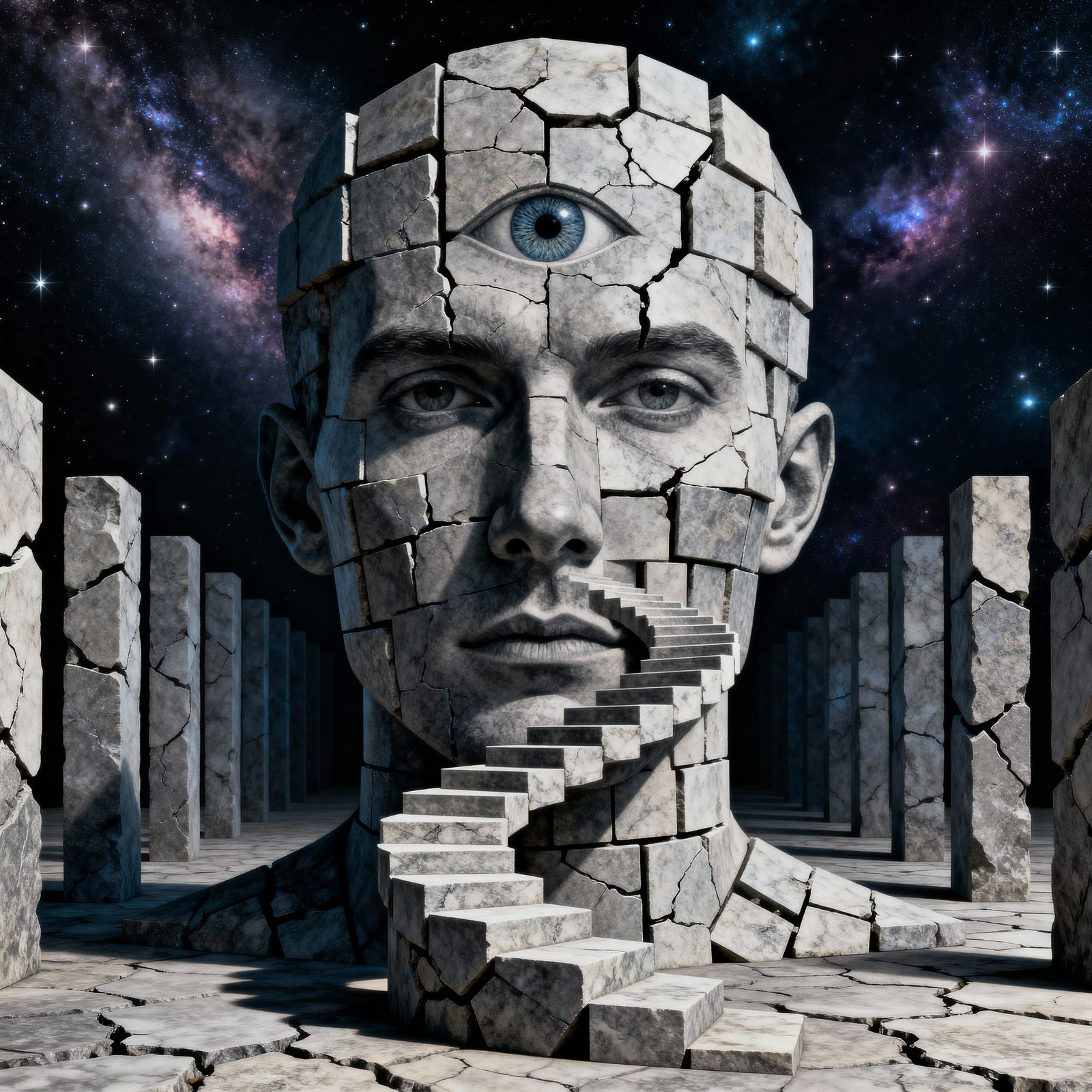 Cosmic Portrait of a Stone Face with Escher Staircase Illusi...
