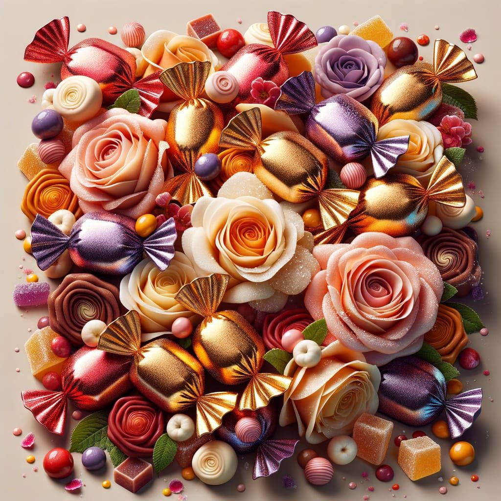 Vibrant Whimsy: Playful Composition of Candy and Flowers