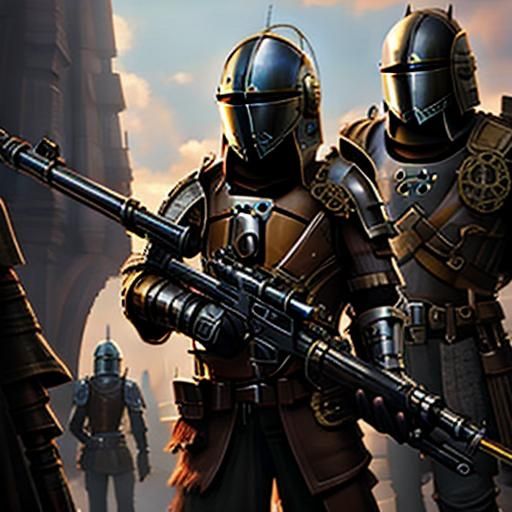 Mandalorian with Bowcaster in Medieval Steampunk Style