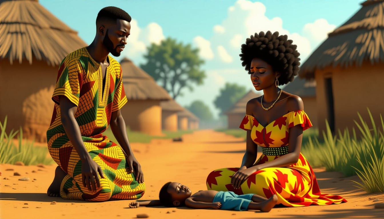 African Couple and Child in Village Setting, Realistic Anima...