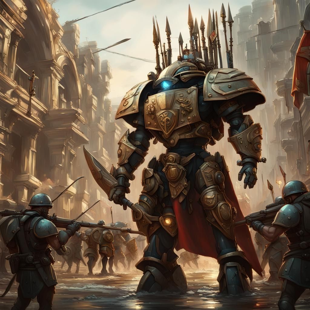 Giant steampunk mecha hoplite wearing a cape carrying a huge spear and shield wearing a helmet surrounded by soldiers we...