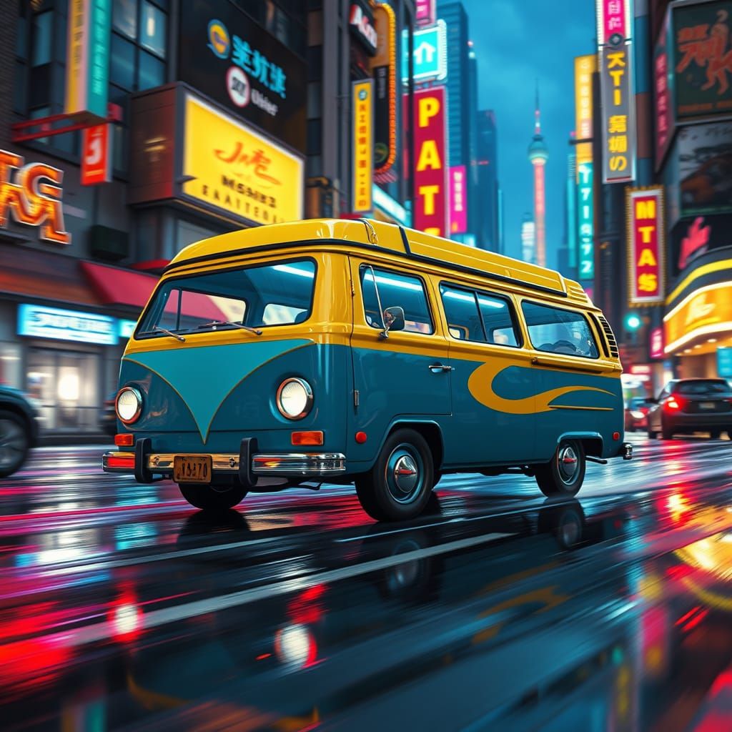 Retro Futuristic Yellow Van Cruises Through Neon City