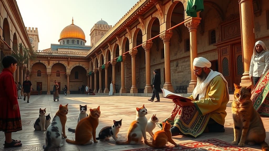 Al-Aqsa Mosque Courtyard with Cats, Orientalist Style