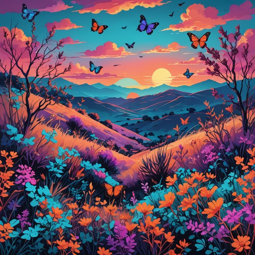 Pop Art Sunset with Glowing Plants and Butterflies