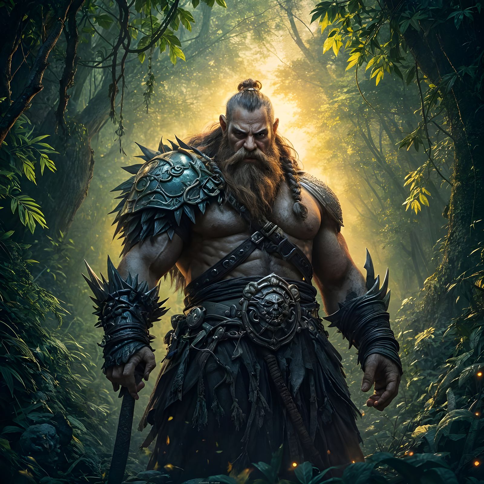 Stoic Dwarf Warrior in Glowing Jungle