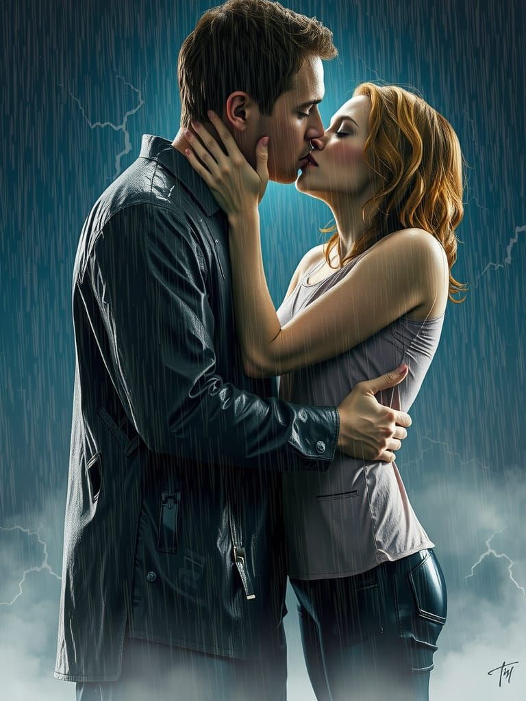 Mulder and Scully's Rainy Embrace: A Digital Painting